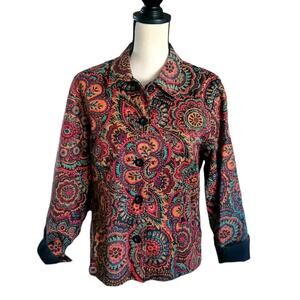 Coldwater Creek Black Red Gold Paisley Cotton Button-Front Reversible Jacket MP
